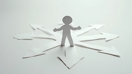 Person Standing in the Center of Paper Arrows Pointing in Different Directions