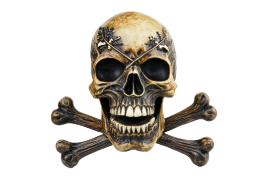 Realistic skull and crossbones, symbolizing danger, death, or piracy. Perfect for Halloween, horror themes, and graphic design projects.