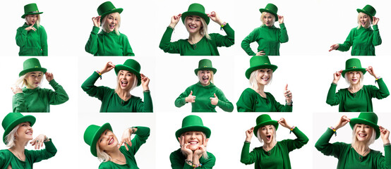 Collage of beautiful young woman celebrating St. Patrick's Day on white background. St. Patrick's...