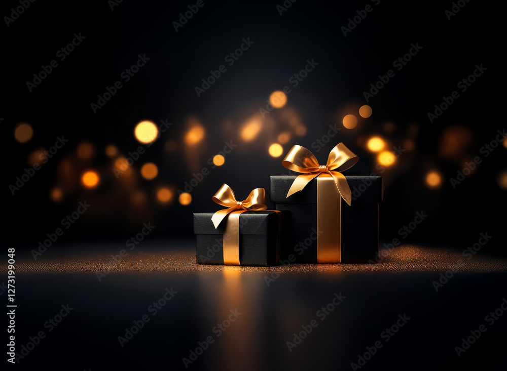 Poster two black gift boxes with golden ribbons are presented against a dark backdrop with soft bokeh light