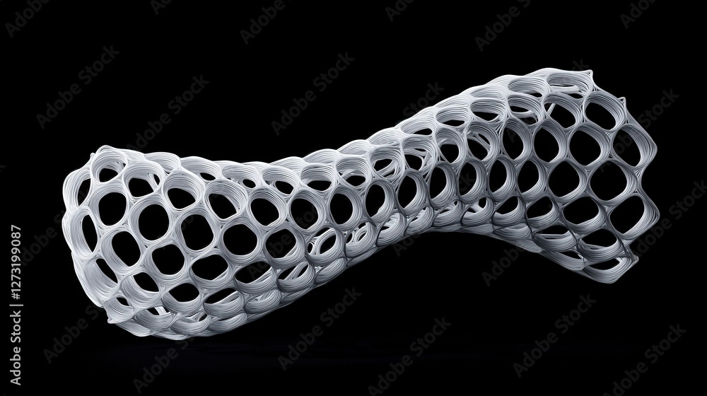 Poster material science nano concept. 3d printed mesh structure on a black background.