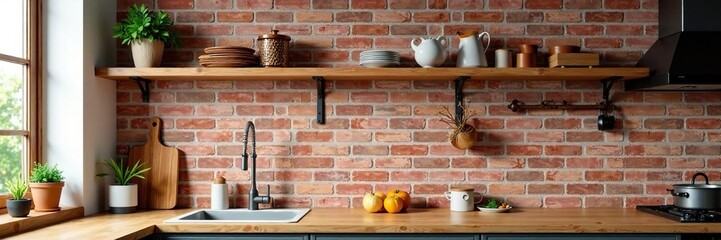 Naklejka premium Wooden shelf against a brick wall in a small kitchen, wood accent wall decoration, wooden decorative items,