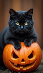 A charming black cat poses atop a carved pumpkin, perfect for Halloween-themed designs. Ideal for seasonal marketing and pet-related content.
