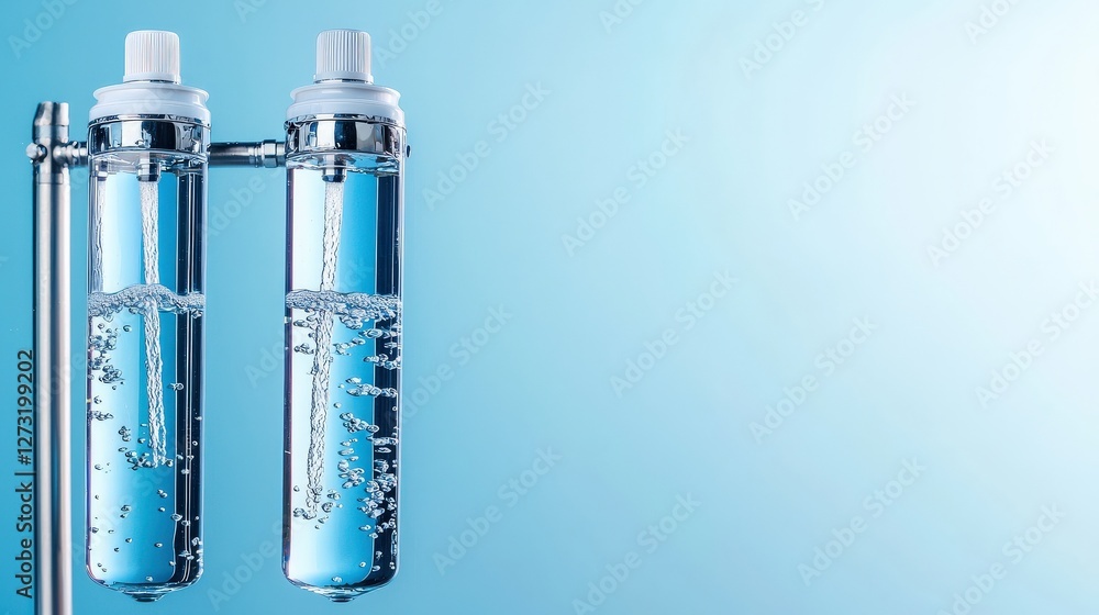 Poster material science nano concept. water filtration system with clear containers and bubbles on a blue b
