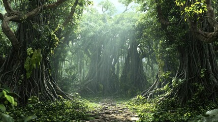 Obraz premium A jungle scene with thick vines hanging from ancient trees