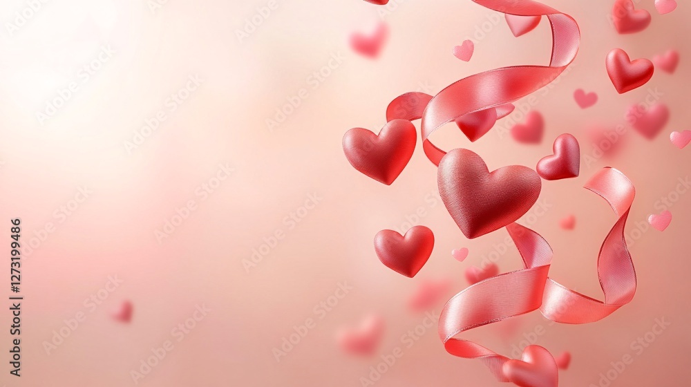 Poster a cascading ribbon of hearts floating down on a soft blush-colored background