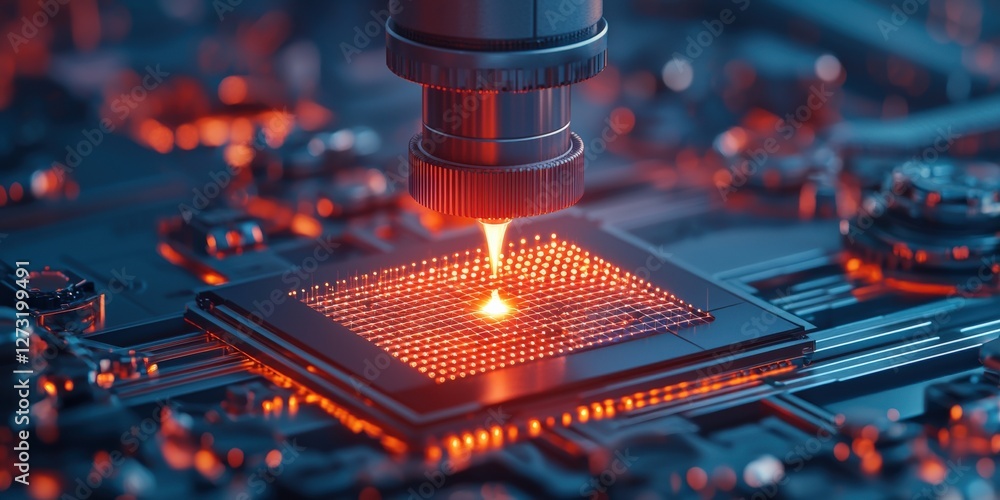 Poster material science nano concept. close-up of a laser engraving on a computer circuit board.