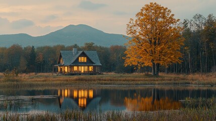 Fototapeta premium Serene autumn landscape featuring a cozy house by a reflective lake at sunset