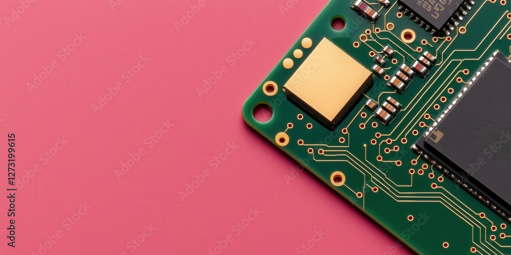 Poster material science nano concept. close-up of a circuit board on a pink background.