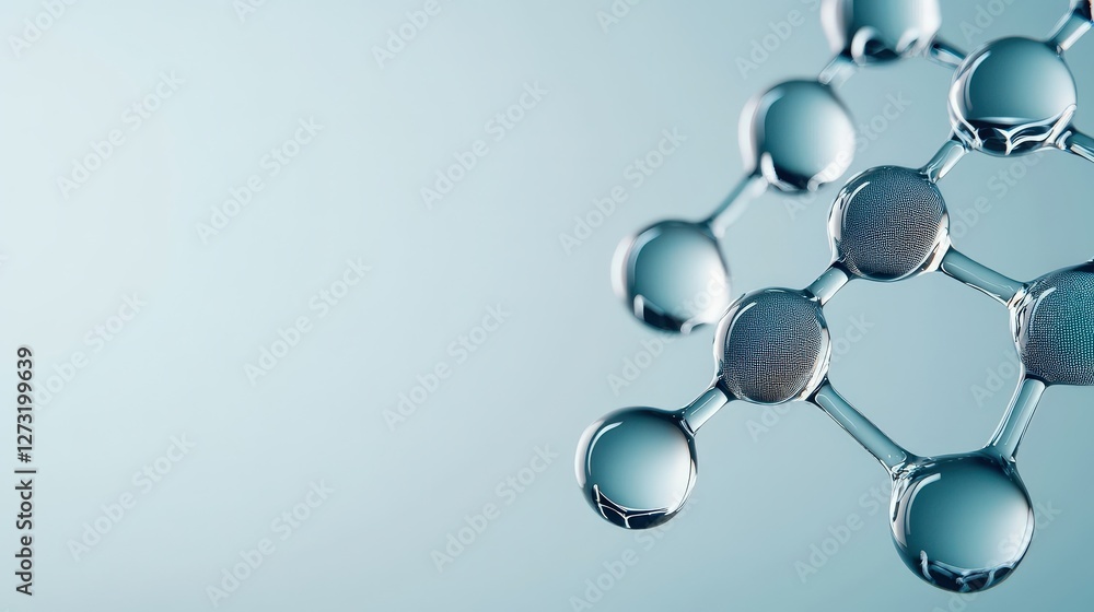 Poster material science nano concept. molecule structure with water droplets on a light background.