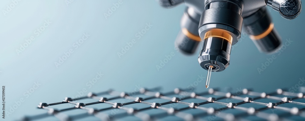 Poster material science nano concept. precision machinery applying liquid onto a grid surface.