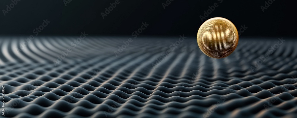 Poster material science nano concept. golden sphere on textured surface with dark background.