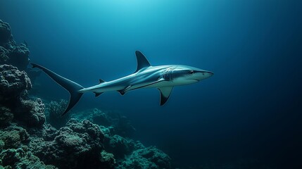 Fototapeta premium Shark swimming through coral reef underwater scene marine wildlife ocean environment side view conservation concept