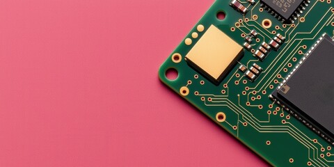 material science nano concept. Close-up of a circuit board on a pink background.