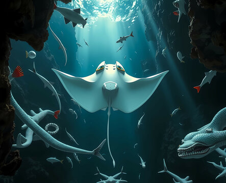 A robotic manta ray gliding through an abyssal trench, surrounded by alien marine life. Generative AI