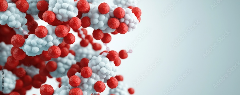 Poster material science nano concept. molecular structure with red and white spheres on a light background.
