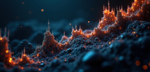 A captivating abstract landscape that blends glowing microstructures with a dark background, perfect for technology, science, and digital art themes.