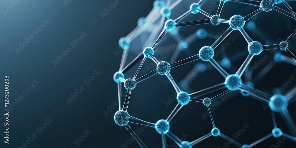 Poster material science nano concept. molecular structure with interconnected atoms in blue tones.