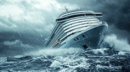 A large cruise ship tilting dangerously in stormy waters, with panicked passengers on deck.