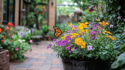 A large flowering plant in an outdoor courtyard, attracting butterflies
