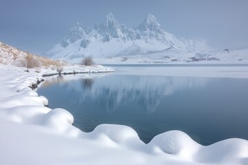 Majestic Snow-Capped Mountains Reflect in Crystal Clear Lake Under a Serene Winter Sky. Generative AI