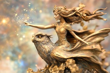 Golden bronze sculpture of a woman in a flowing dress riding an owl.
