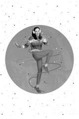 Collage 3d image of pinup pop retro sketch of funny funky young energetic woman rainbow clothes...