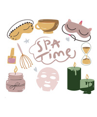 vector spa set, beauty care and relaxation spa vector flat illustrations on a white background, sleep mask ,candles and face mask doodle illustration