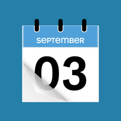 3rd September daily calendar icon template. September 3 day calendar design. Single day calendar in vector illustration flat style.