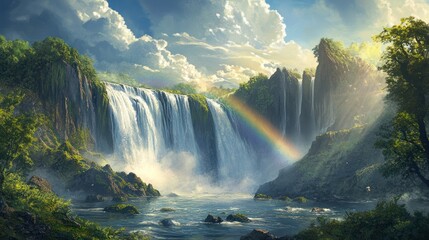 Fototapeta premium Majestic waterfall rainbow nature scene, tranquil pool, lush greenery
