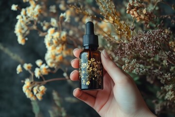 Close up of hand holding dropper bottle surrounded by dried flowers. Generative AI