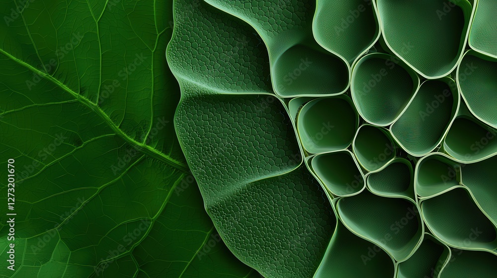 Poster material science nano concept. close-up of a textured green leaf with intricate patterns.