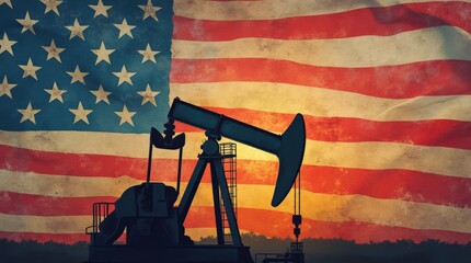 Symbolic Representation of Oil Industry Against United States Flag During Sunset