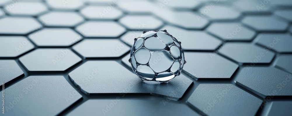 Poster material science nano concept. water droplet on a hexagonal surface, showcasing texture and reflecti