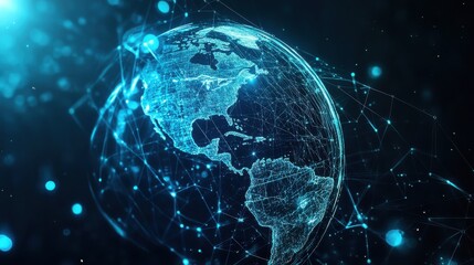 Blockchain technology futuristic hud background with world globe and blockchain polygon peer to peer network. Global cryptocurrency blockchain business banner concept.