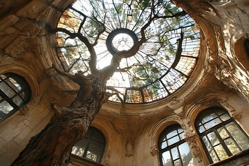 A lone tree grows through the broken glass dome of an abandoned, ornate building.