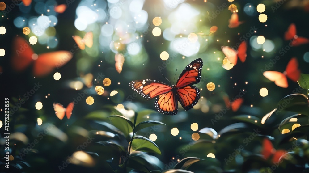 Poster a magical scene of multiple butterflies fluttering around a garden with soft bokeh lights