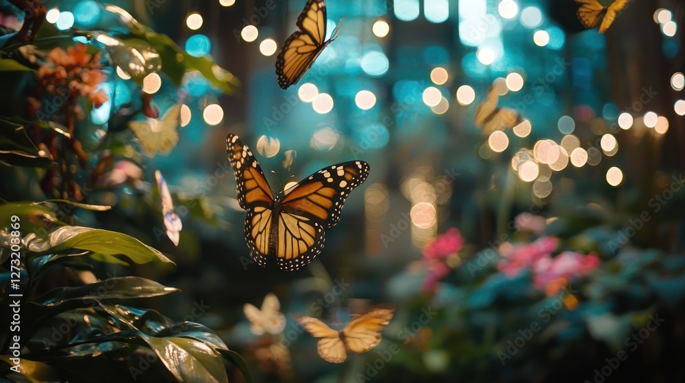 Poster a magical scene of multiple butterflies fluttering around a garden with soft bokeh lights