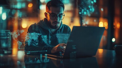 Hacker using laptop in blurry office interior with creative glowing business chart and map hologram on blurry background. Business data, hacking and market concept. Double exposure