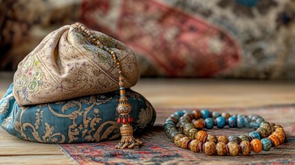 Fototapeta premium Ornate Cushions, Beaded Mala, and Antique Tassel: A Still Life of Textures and Colors