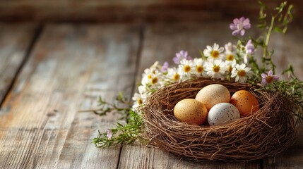 Springtime Easter nest with eggs and flowers over a wood background