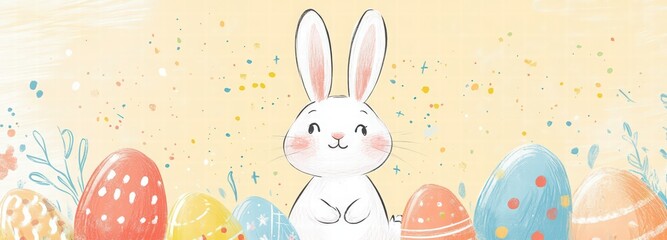 Happy Easter banner template with hand-drawn elements, eggs, and a bunny on a pastel background. 