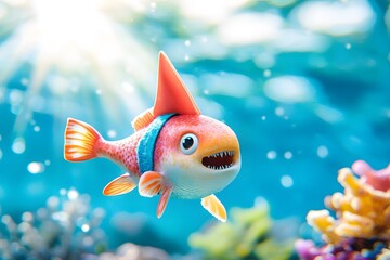 Colorful Fish Wearing Oversized Shark Fin in Playful April Fools' Scene