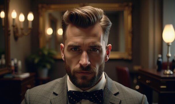 A confident, stylish man in a classic barbershop setting, showcasing grooming and elegance. Perfect for advertising luxury grooming services or men's fashion.