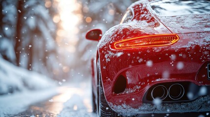 Red sports car in snowy forest at sunset. Possible stock photo use
