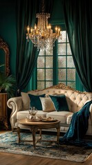 Elegant living room featuring a luxurious sofa and chandelier with greenery