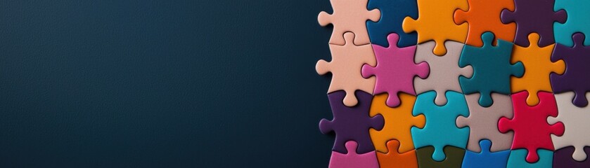 Colorful puzzle pieces assembling in creative workspace studio setting graphic design close-up perspective