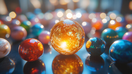 Shining marble surrounded by colorful bokeh effect.