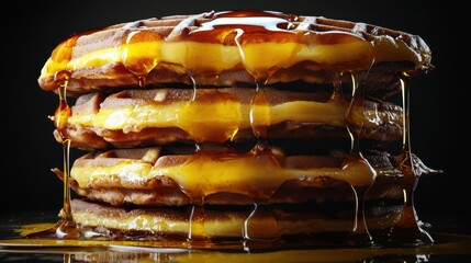 Four waffles stacked neatly, syrup cascading gently, butter melting naturally, sharp photorealistic textures, cinematic contrast, dark background