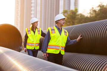 a male and female engineer walking alongside large pipes at a construction site, checking the...
